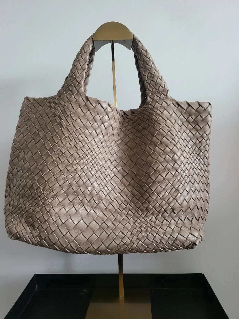 Taupe woven leather handbag